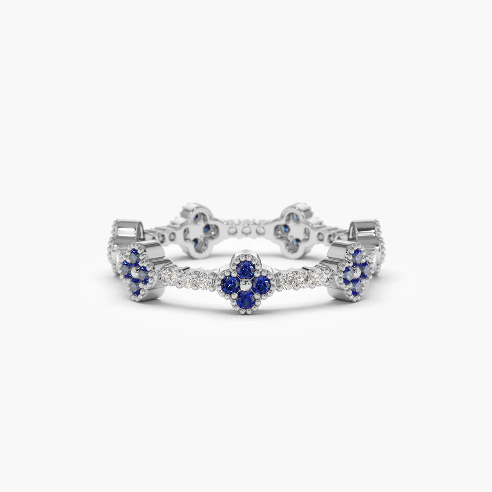 Solid Gold Full Eternity Clover Sapphire and Diamond Ring