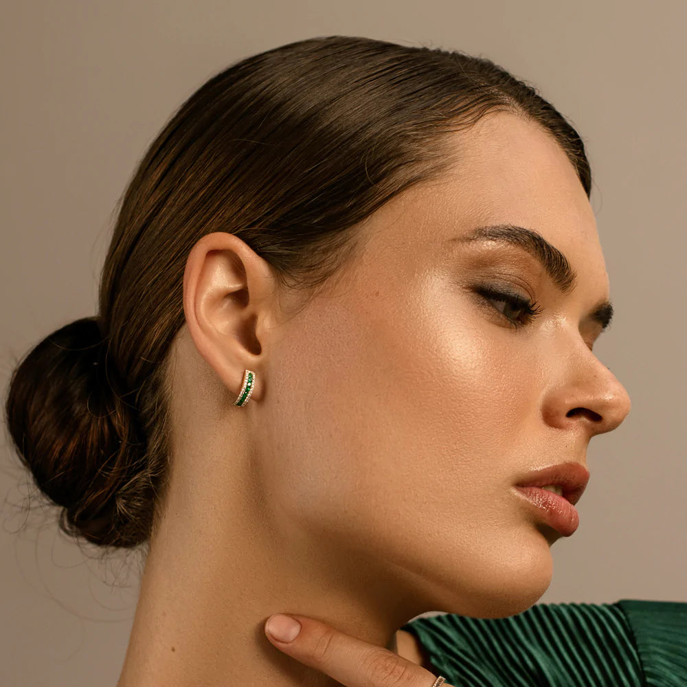 Solid Gold Emerald and Round Diamond Hoop Earrings