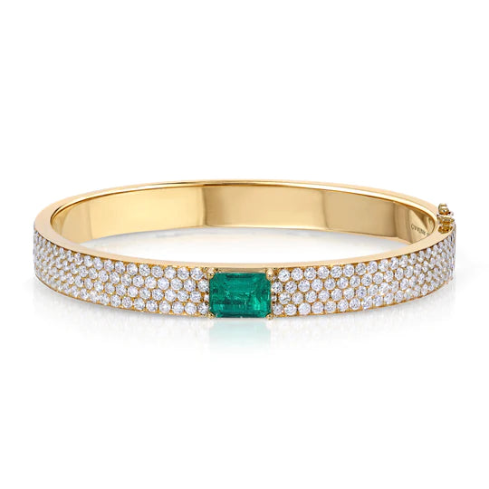 Solid Gold Pave Diamond Oval Bracelet With Emerald Center Stone