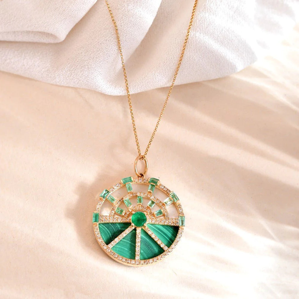 Solid Gold Emerald & Malachite Diamon Charm