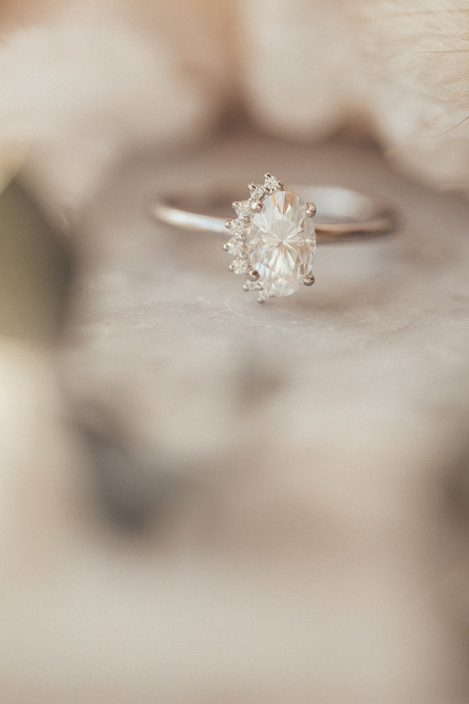 Solid Gold Oval Moissanite with .04 ct Side Flare Diamond Ring