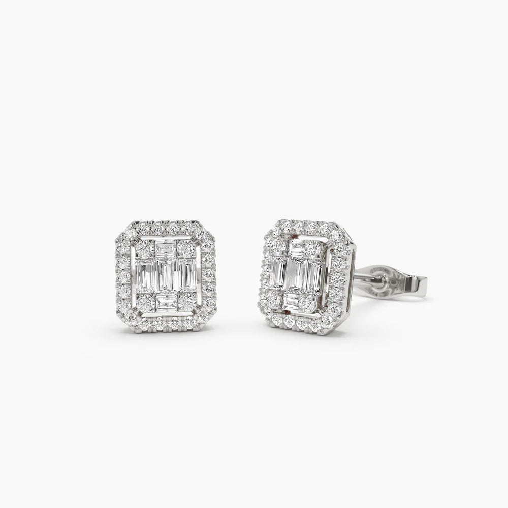 Solid Gold Baguette and Round Gold Diamond Studs for Women
