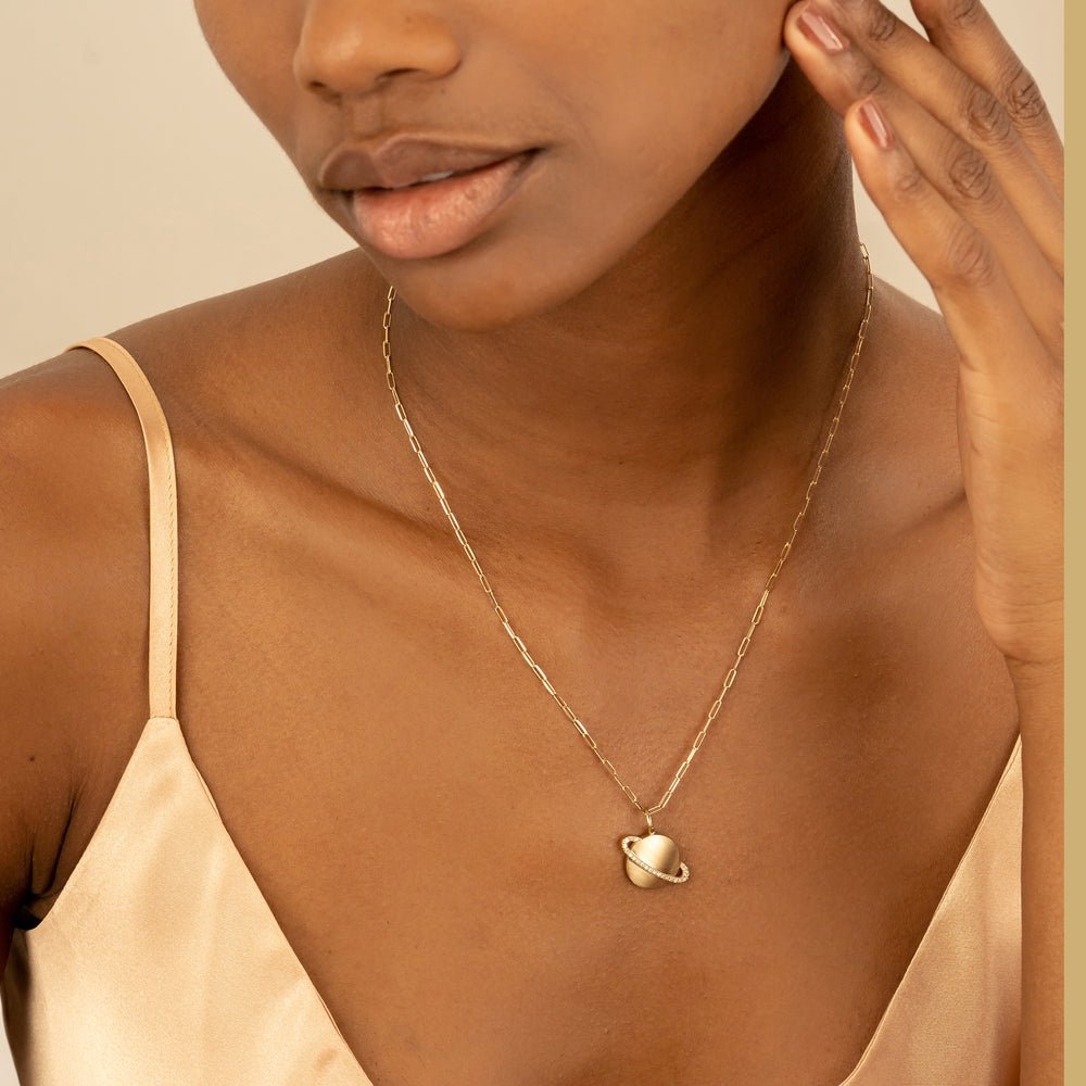 Solid Gold Diamond Saturn Charm Paperclip Necklace (038BD8)