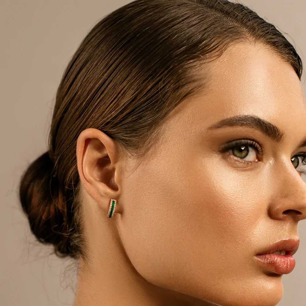 Solid Gold Emerald and Round Diamond Hoop Earrings