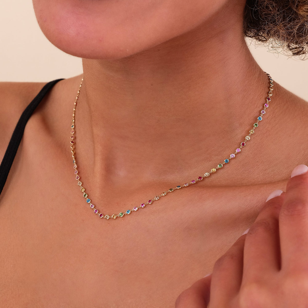Solid Gold Rainbow Sapphire Bezel Necklace | Multi-Color Gemstone