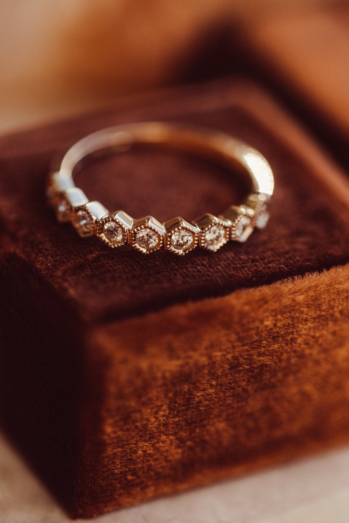 Solid Gold Hexagon Milgrain Diamond Band