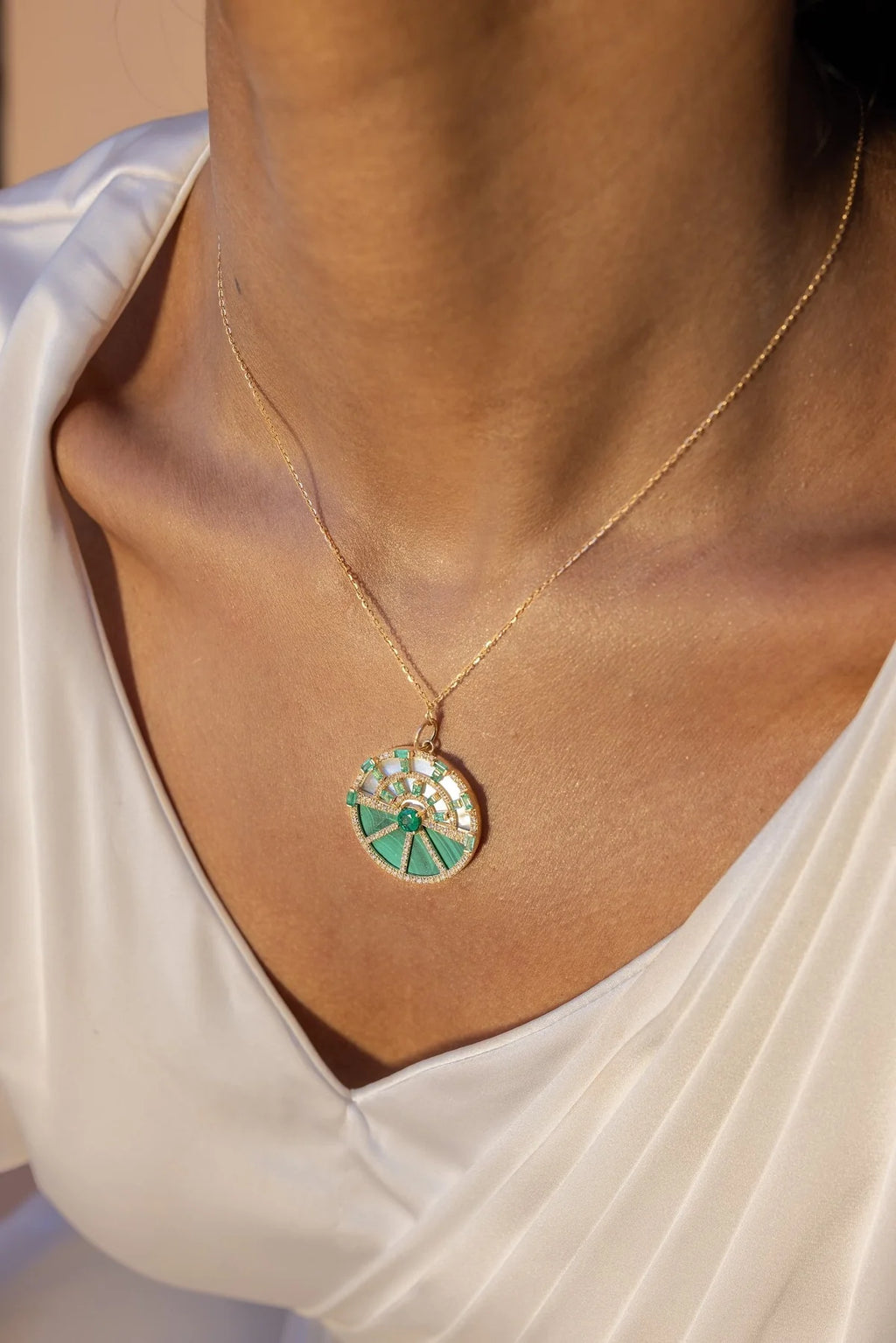 Solid Gold Emerald & Malachite Diamon Charm