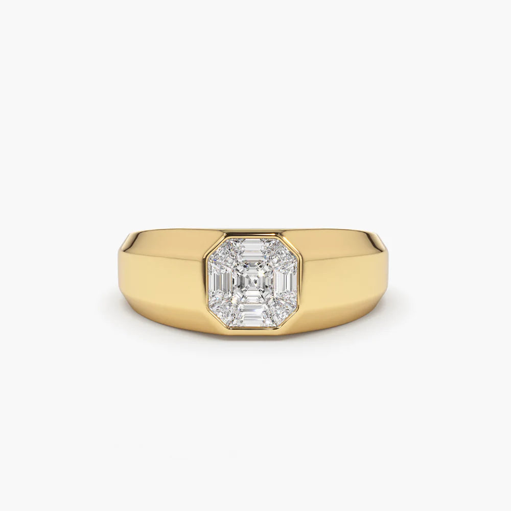 Solid Gold Asscher Cut Illusion Mosaic Solitaire Pinky Ring