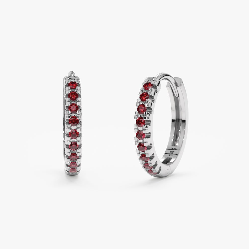 18K Solid Gold Ruby Huggie Hoop Earrings - Style A