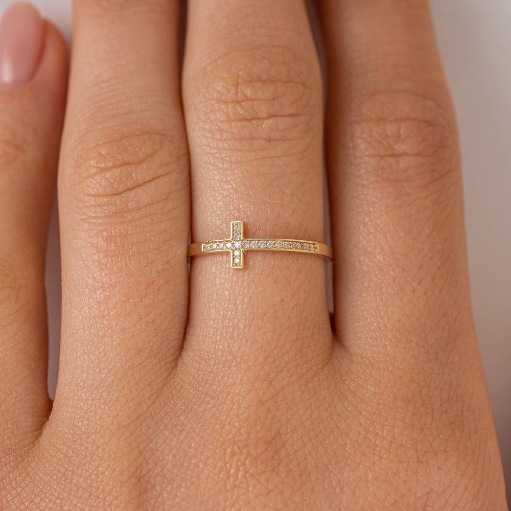 14K Solid Gold Diamond Sideways Cross Ring
