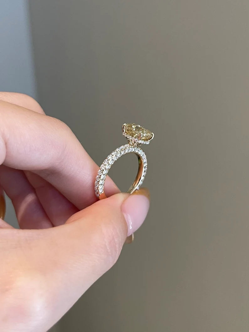 Solid Gold 3 Carat Yellow Cushion Moissanite Engagement Diamond Ring