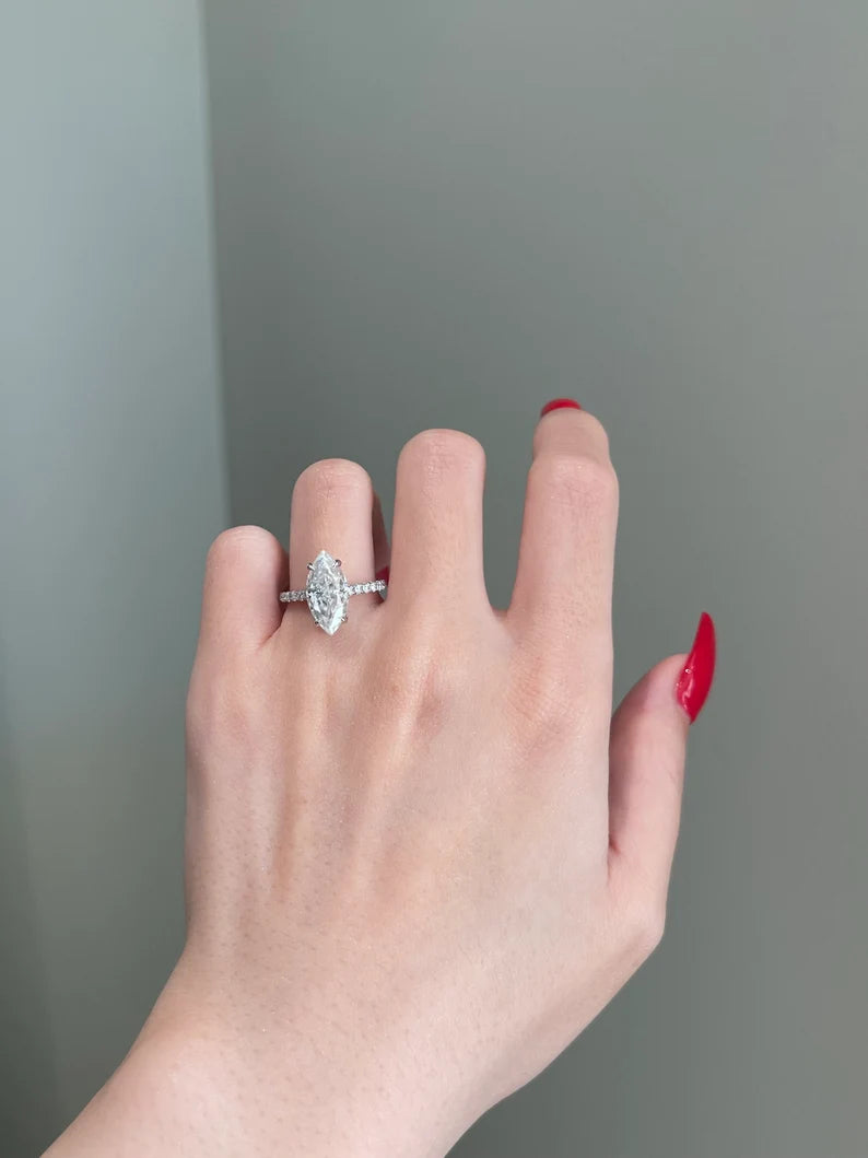 Solid Gold 4 Carat Marquise Cut Moissanite Engagement Ring (96555B)