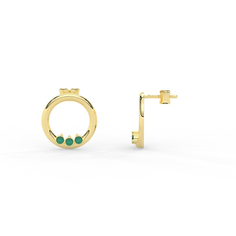 Solid Gold Open Circle Natural Emerald Earrings (E18AF4)