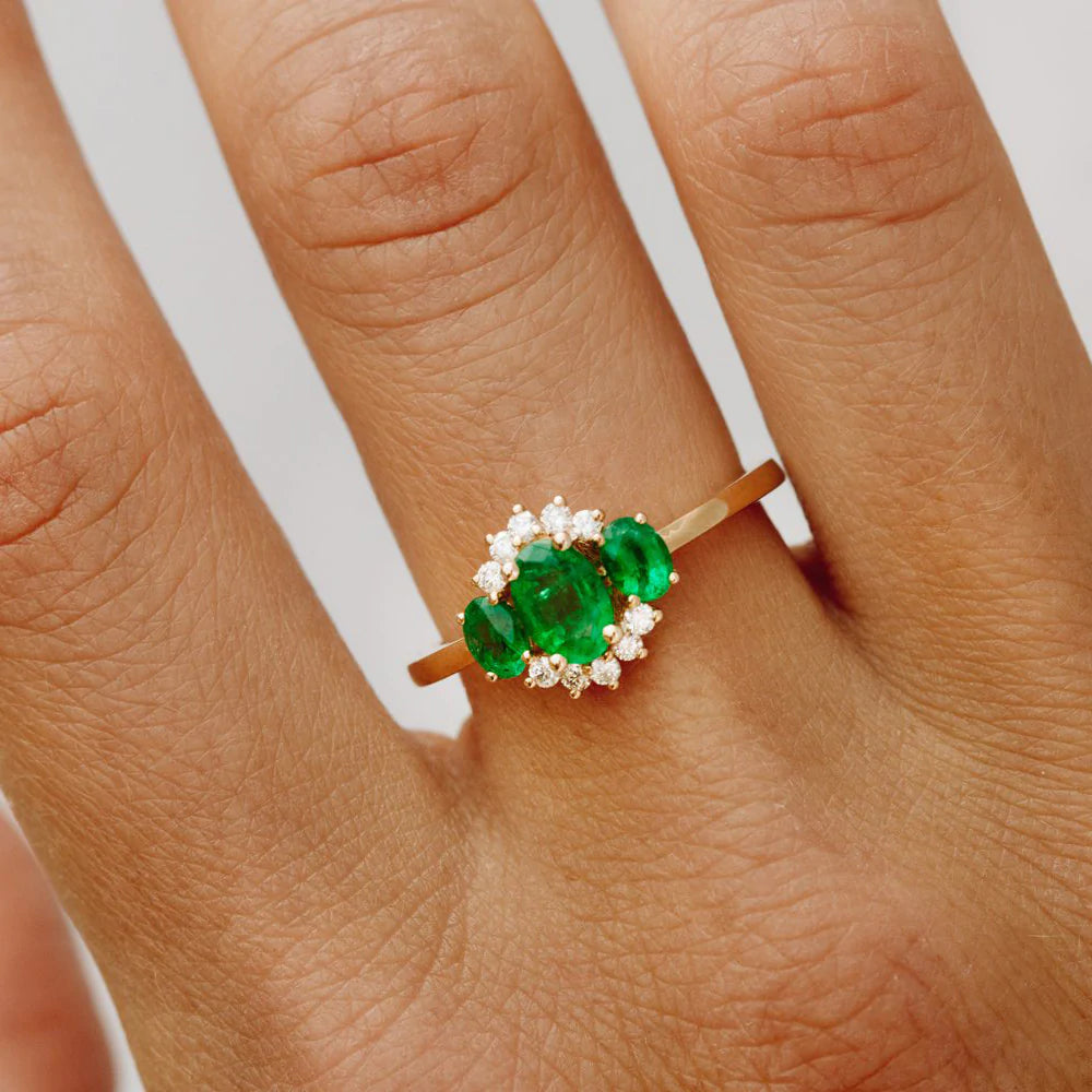 Solid Gold Three Stone Emerald Cluster Ring
