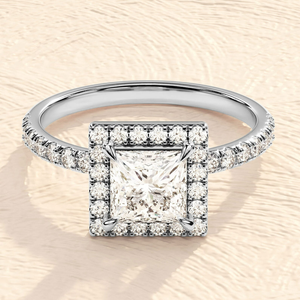 Gold Cushion Cut Halo Solitaire Ring 3 ct Lab Grown Diamond Engagement Ring