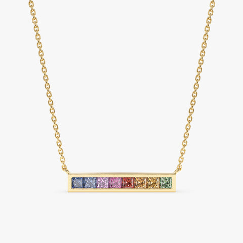 Solid Gold Long Rainbow Sapphire Bar Necklace (83E81E)