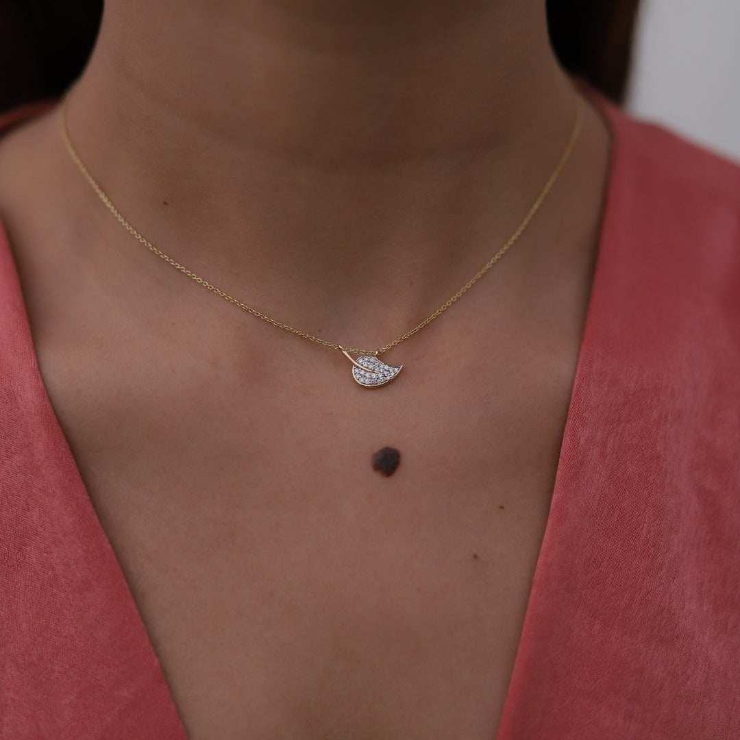 Solid Gold Leaf Diamond Pendant Necklace