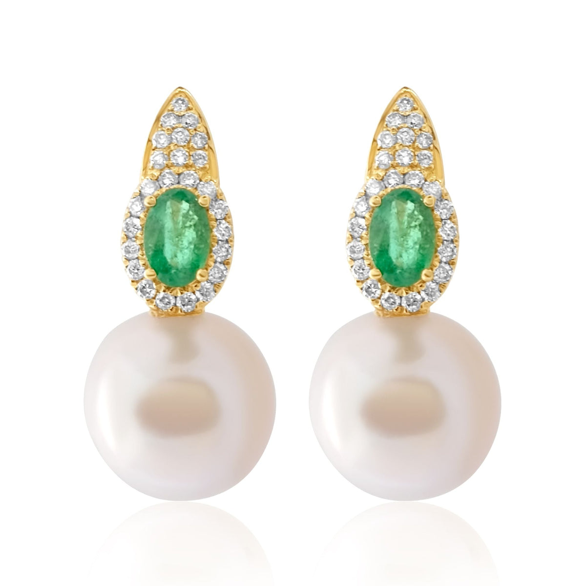 Solid Gold Pave Diamond Emerald Pearl Hoop Earring