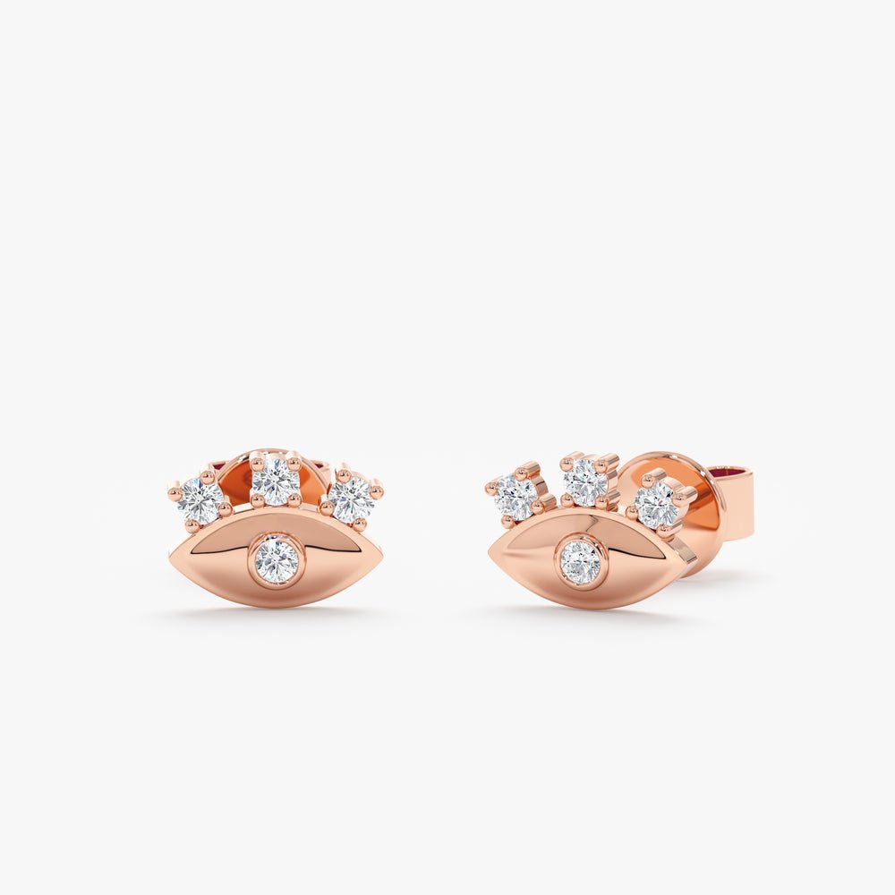 Solid Gold Eyelash Diamond Eye Stud Earrings