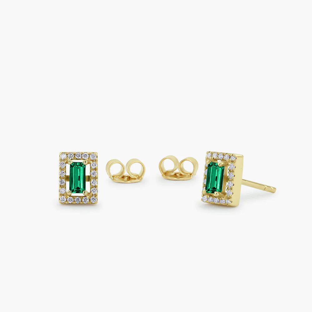 Solid Gold Emerald Baguettes and Halo Lab-Grown Diamond Earrings