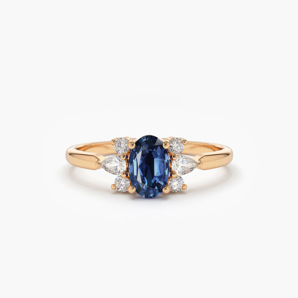 Solid Gold Oval Cut Genuine Sapphire Diamond Ring