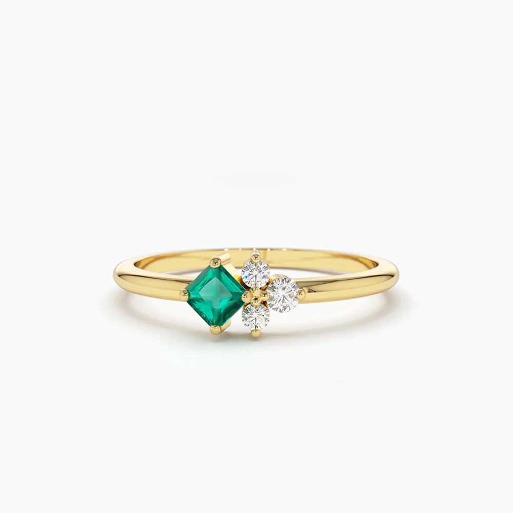 Solid Gold Dainty Princess Cut Emerald and Diamond Ring