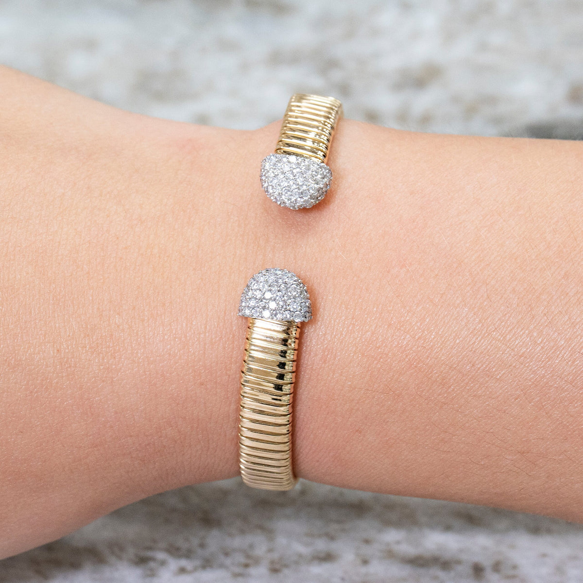 Solid Gold Flexible Pave Diamond Round Ends Bangle