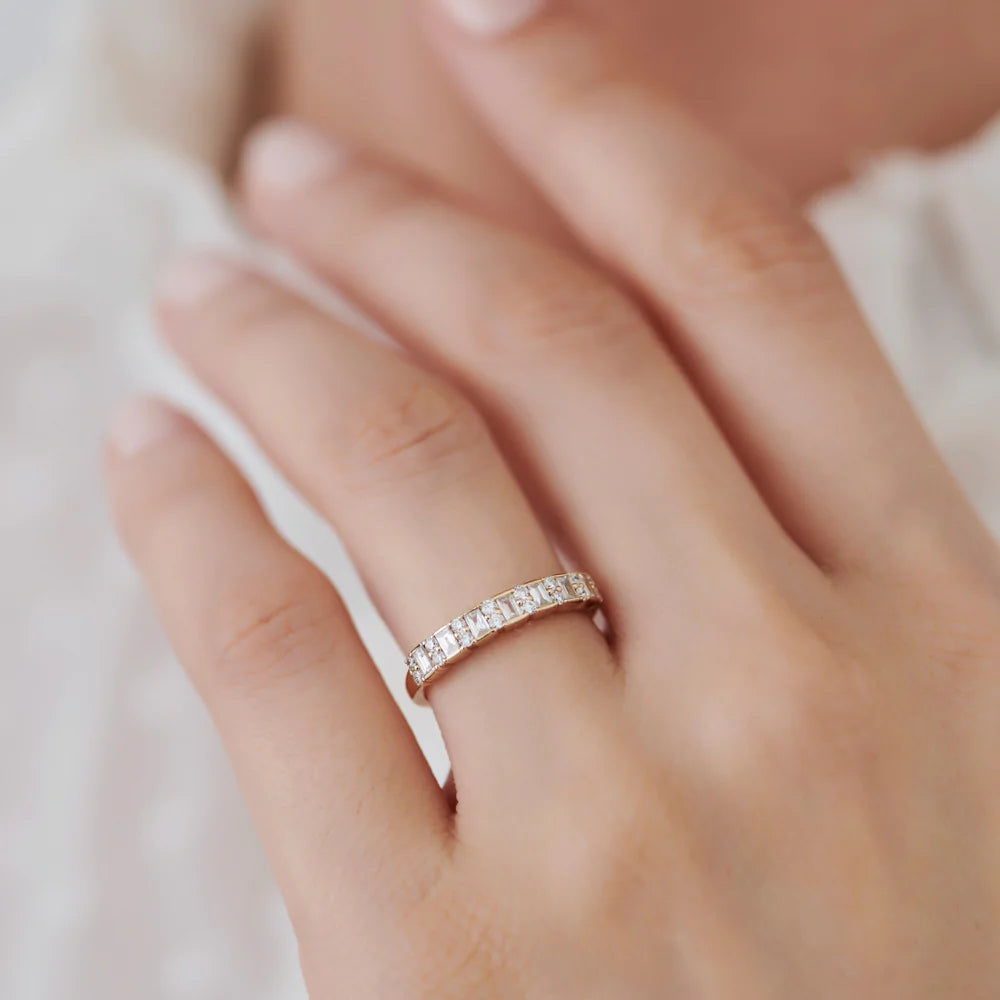 Solid Gold Vertical Baguette and Round Diamond Wedding Band