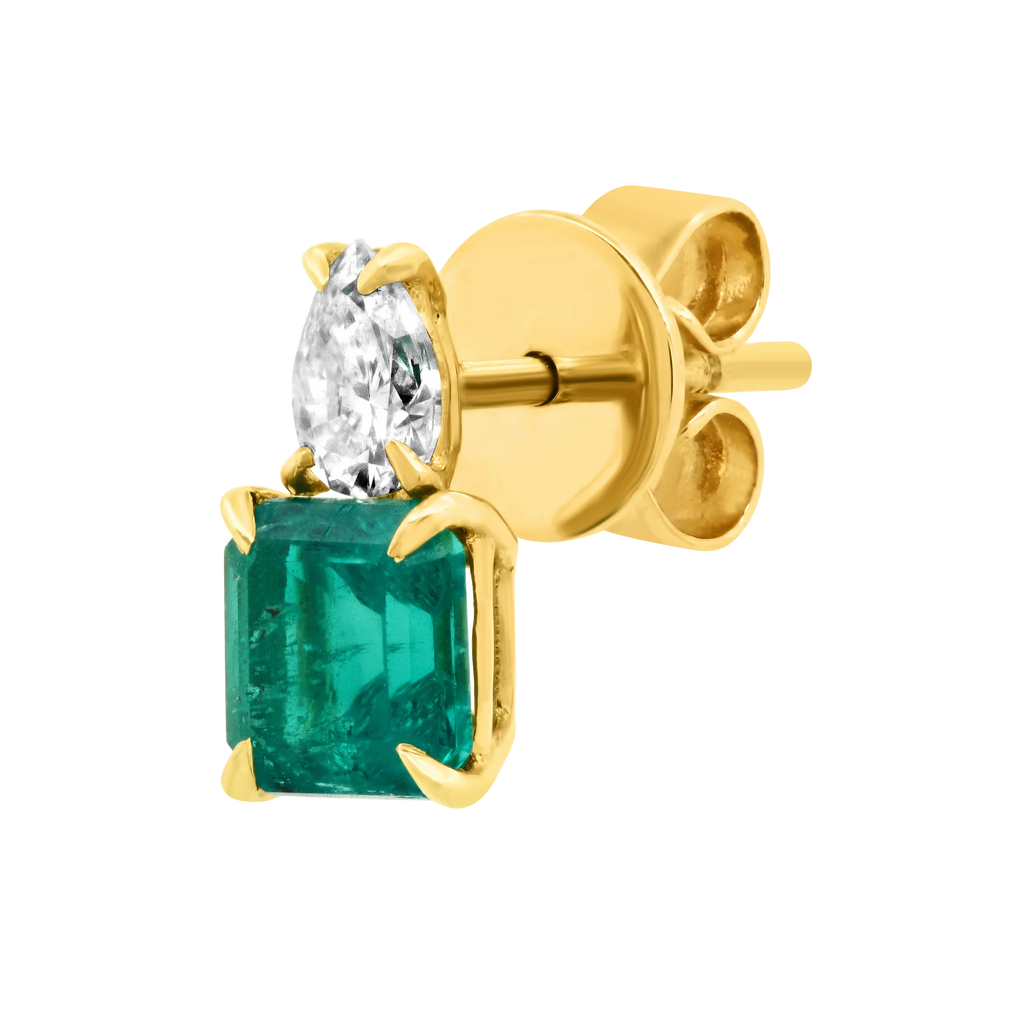 Solid Gold Pear Diamond Stud & Emerald Cut Emerald