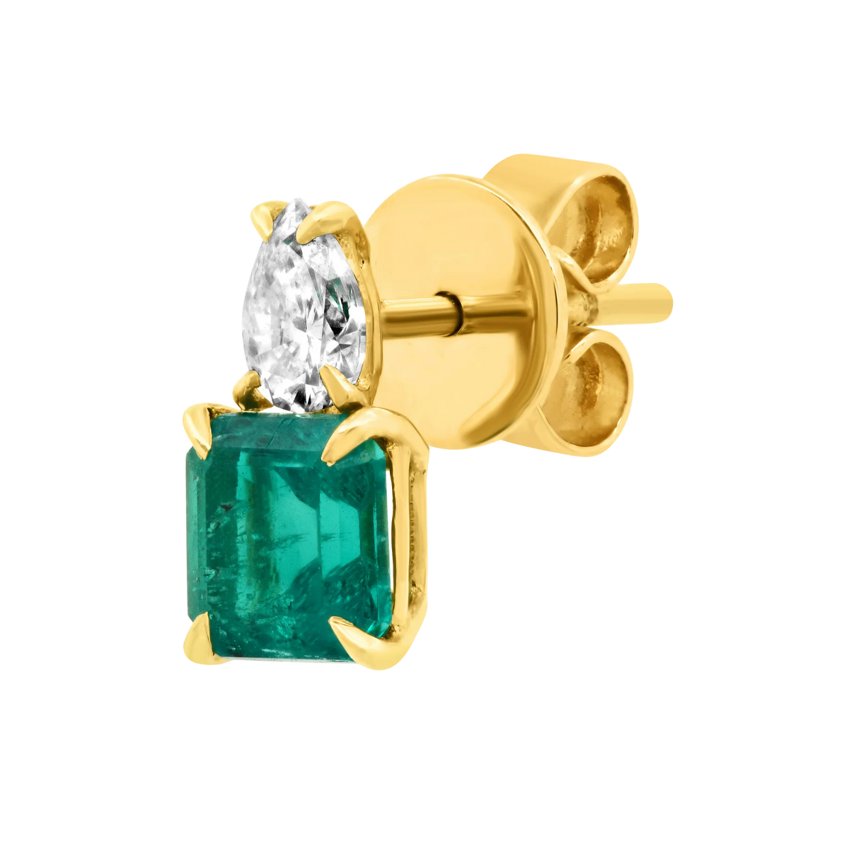 Solid Gold Pear Diamond Stud & Emerald Cut Emerald