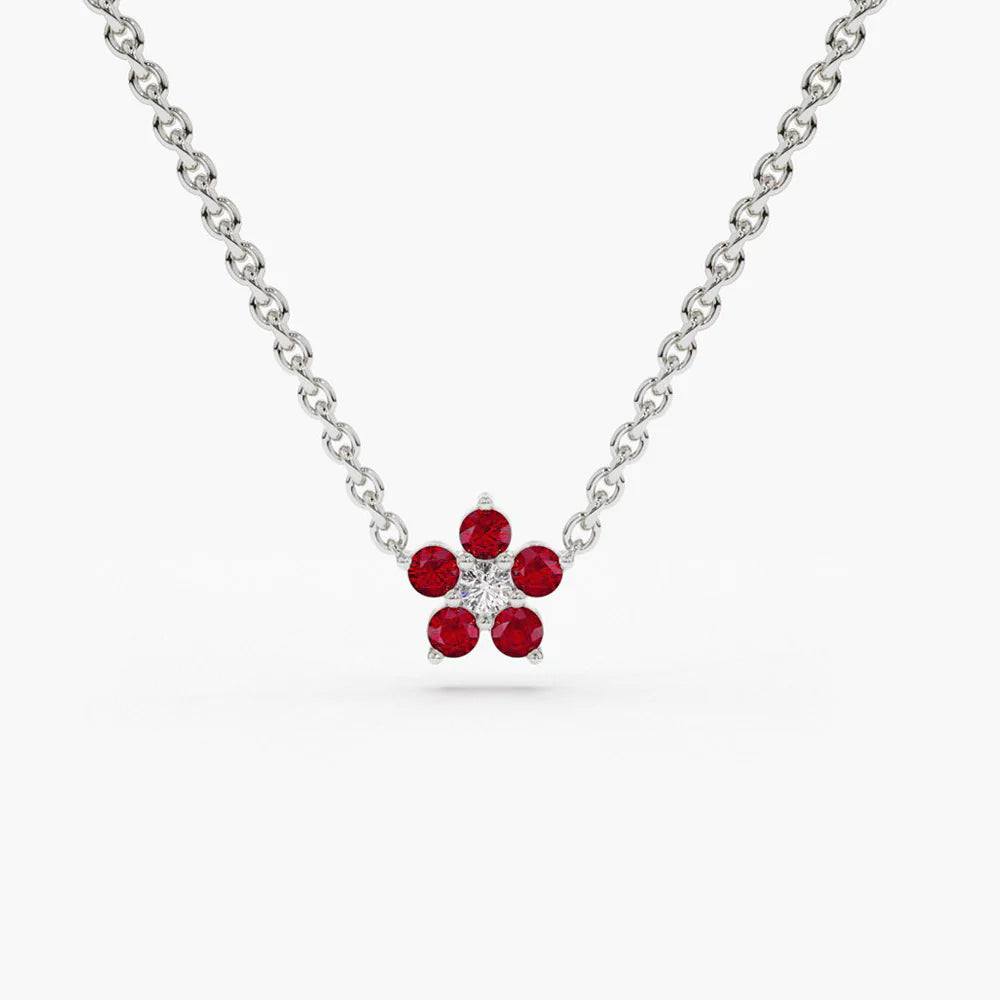 Solid Gold Ruby and Diamond Flower Charm Necklace