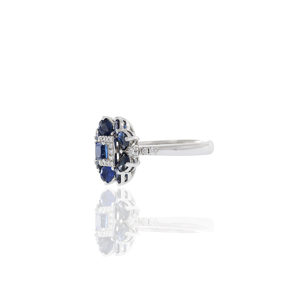 Solid Gold Blue Sapphire And Flower Diamond Ring