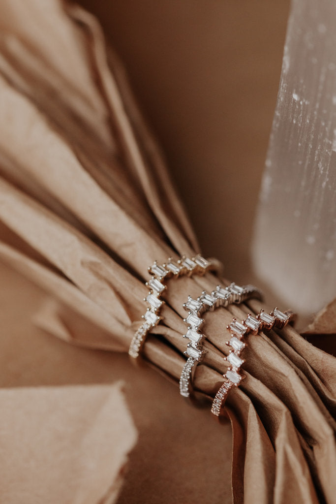 Solid Gold Baguette Diamond V Tracer with Pave Diamond Band