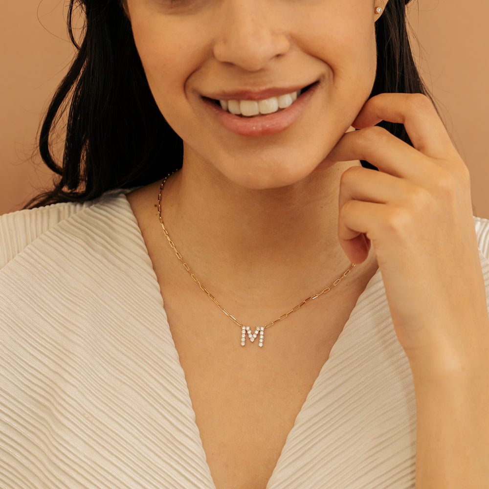 Solid Gold Diamond Initial Paperclip Necklace (4038D4)