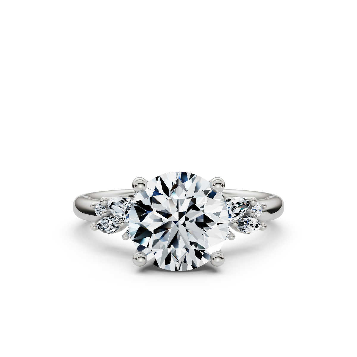 18K Solid Gold 2 CT Round Diamond Ring with Marquise Accent Stones
