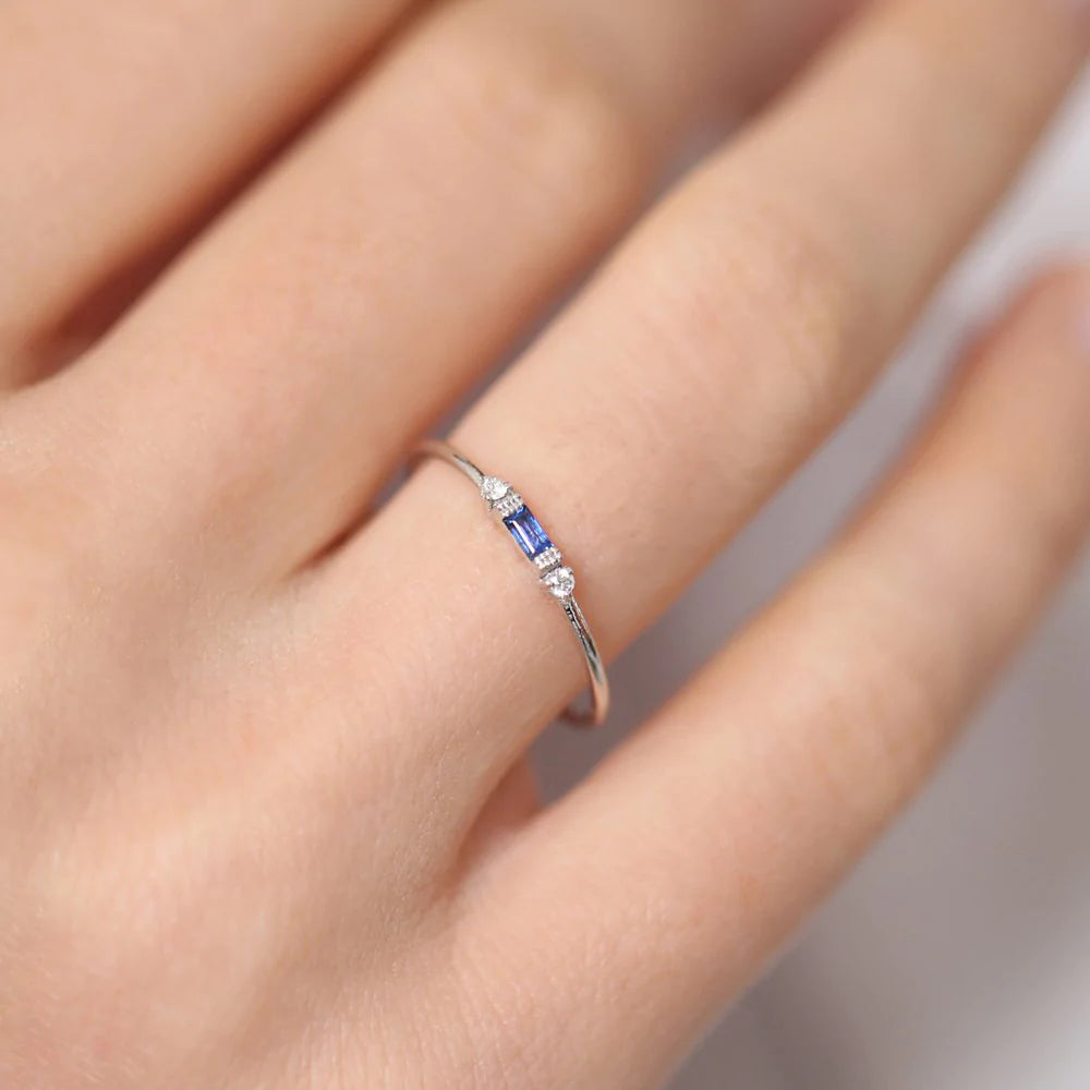 Solid Gold Baguette Blue Sapphire with Diamond Ring
