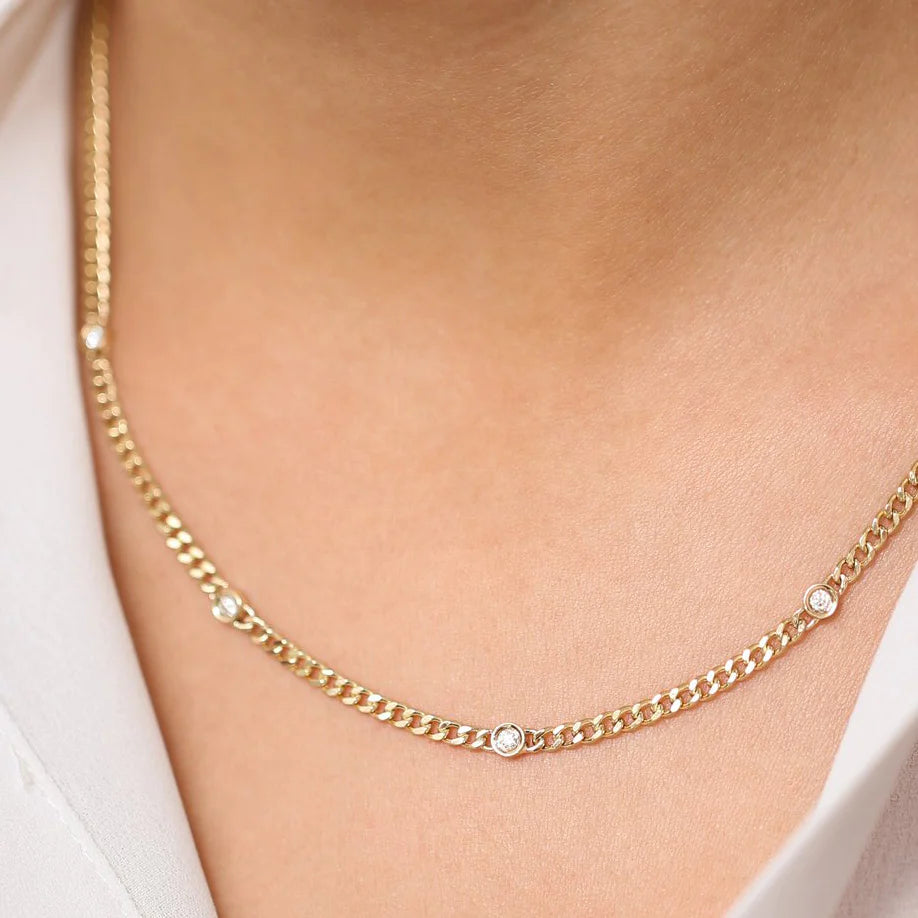 Solid Gold Cuban Link Necklace with Bezel Setting Diamond