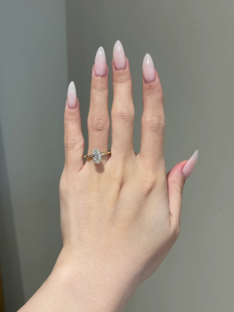 2 Carat Brilliant Elongated Oval Cut Moissanite Hidden Solitaire Engagement Ring