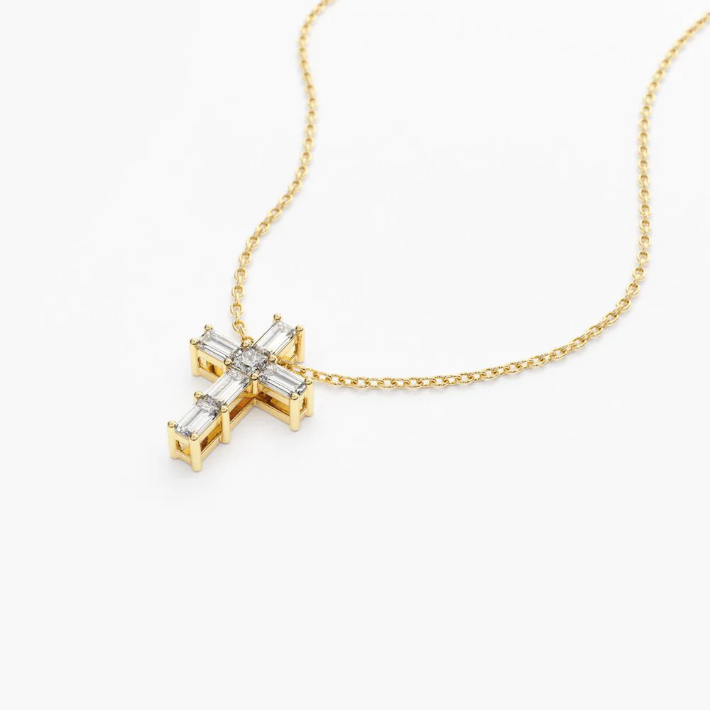 Solid Gold Baguette Diamond Tiny Cross Necklace