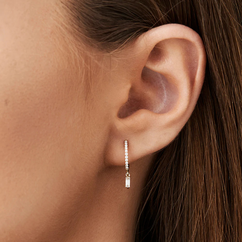 Solid Gold Lab-Grown Diamond Huggies with Dangling Baguette Diamond Earring