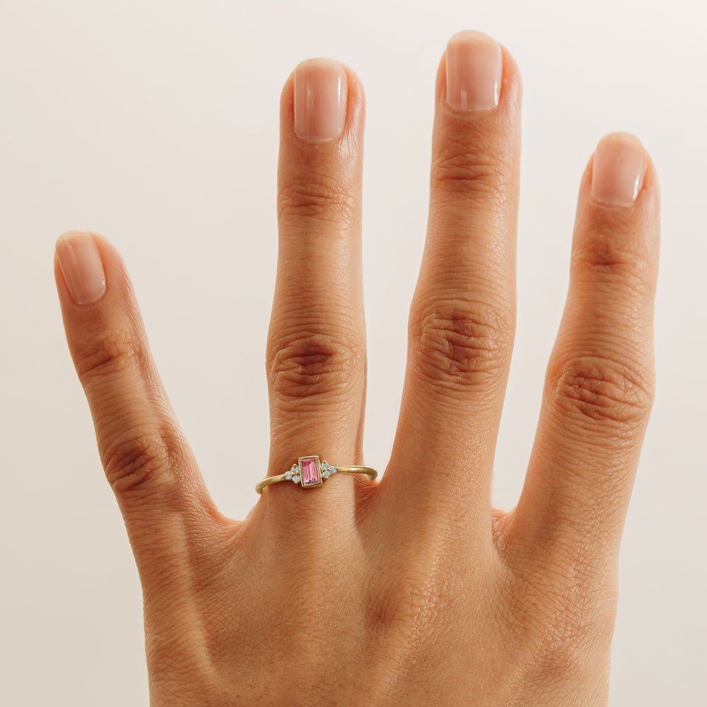 Solid Gold Diamond and Baguette Pink Sapphire Ring