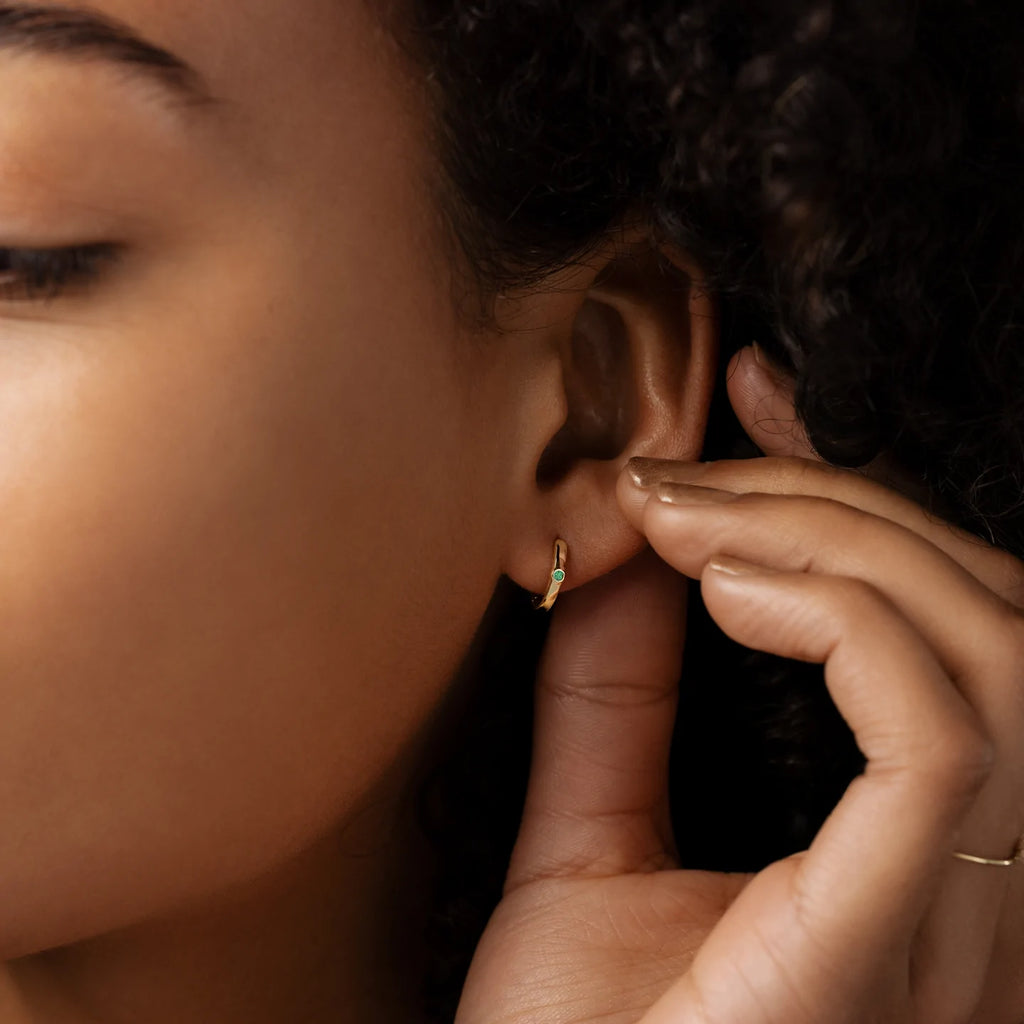 Solid Gold Emerald 1970s Hoops