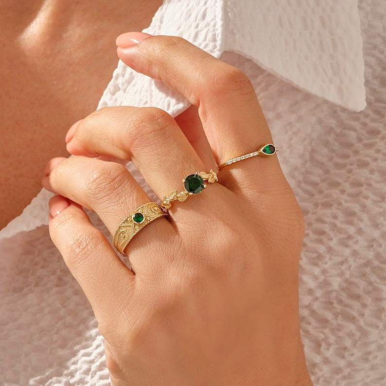 Solid Gold Emerald Solitaire Leaf Ring