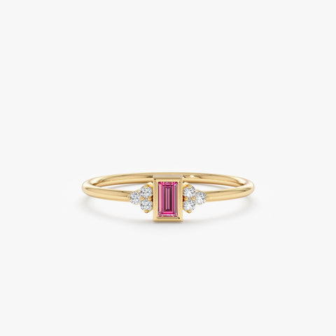 Solid Gold Diamond and Baguette Pink Sapphire Ring