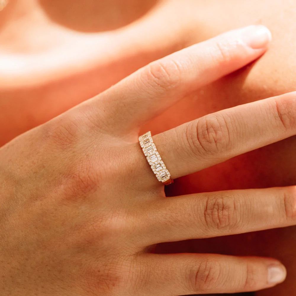 Solid Gold Unique Baguette and Round Diamond Anniversary Ring