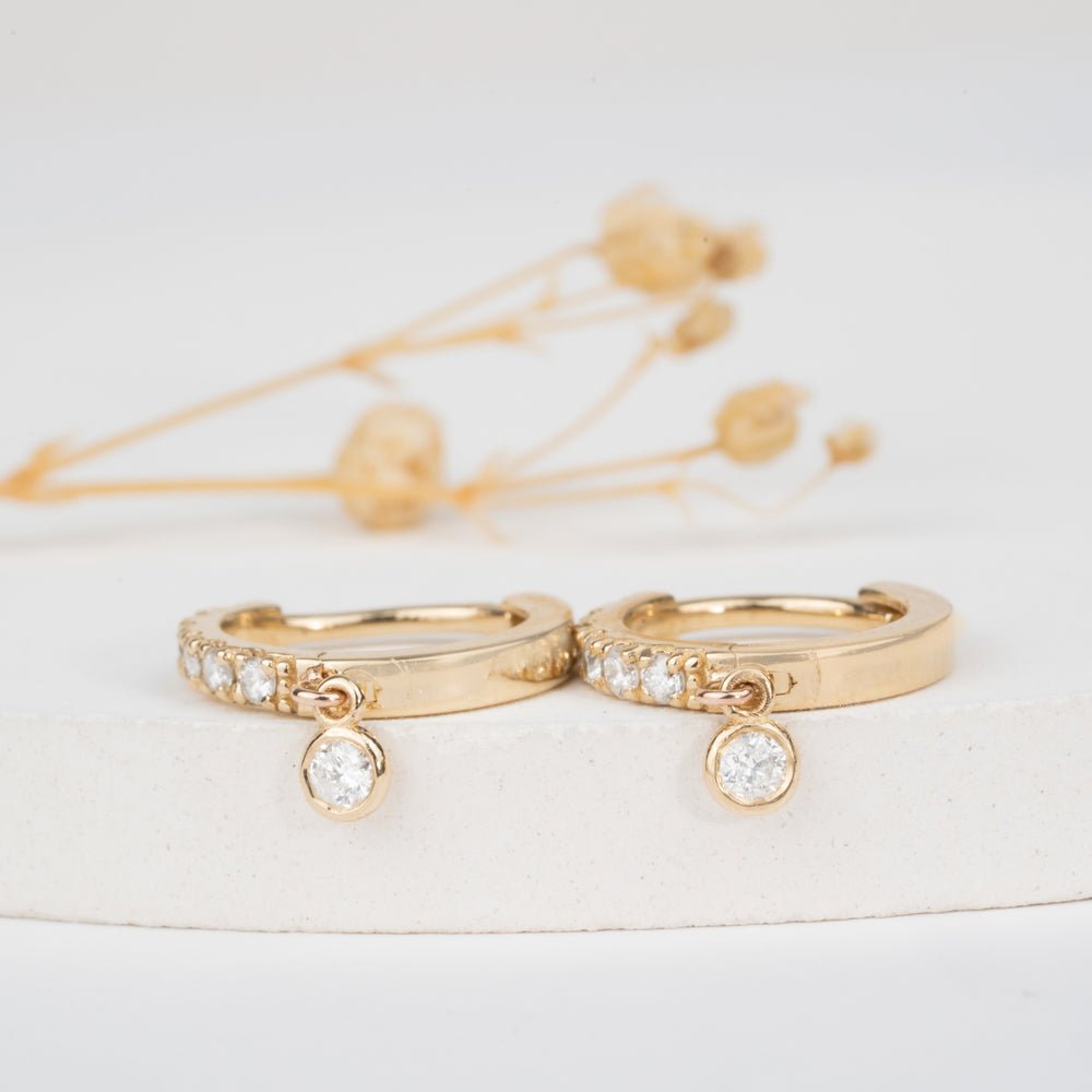 Solid Gold Diamond Drop Hoop Earrings