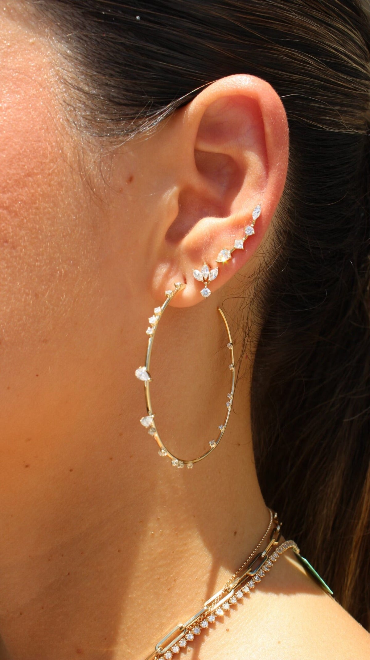 Solid Gold Multi Diamond Prong Large Hoop Earring