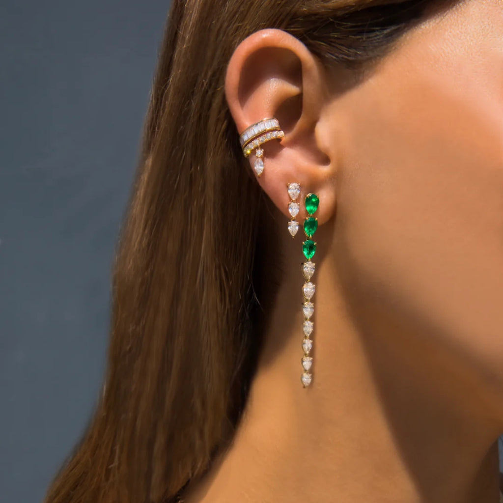Solid Gold Pear Shaped Emerald And Diamond Drop Earrings