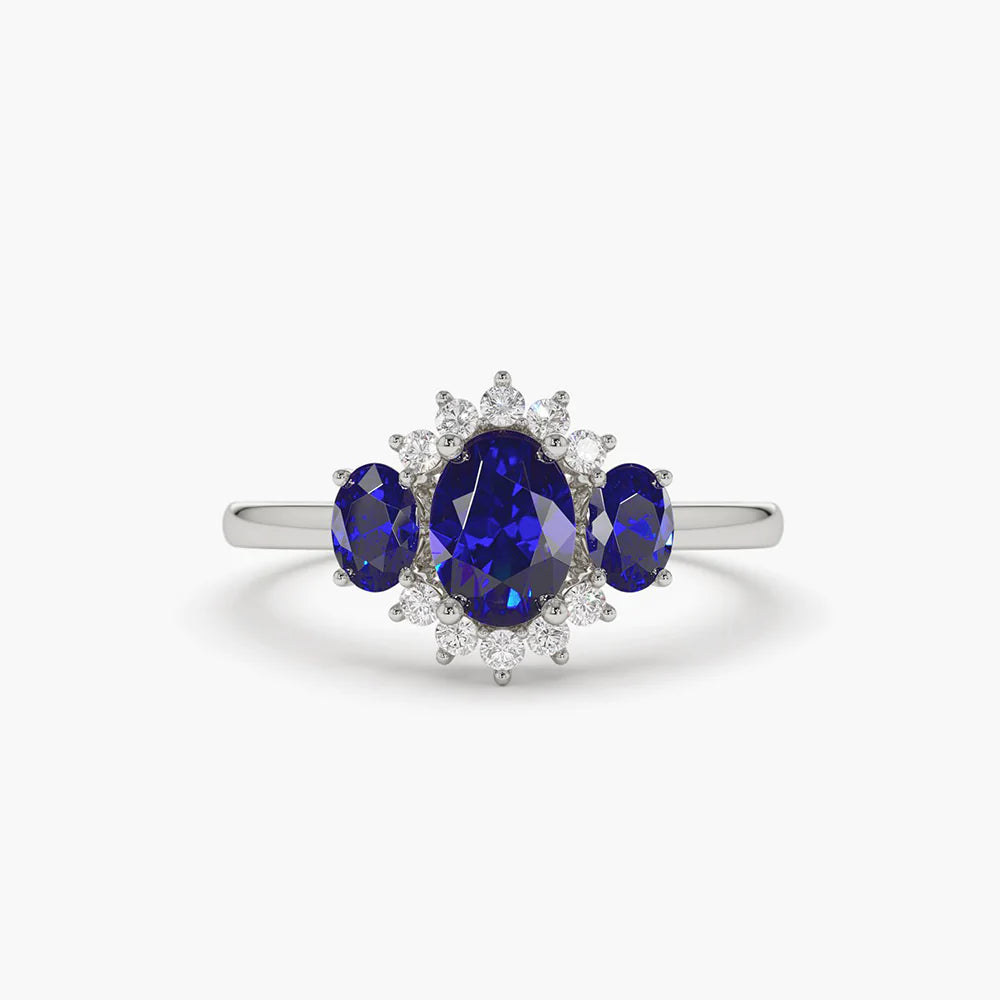 Solid Gold Three Stone Sapphire Cluster Ring