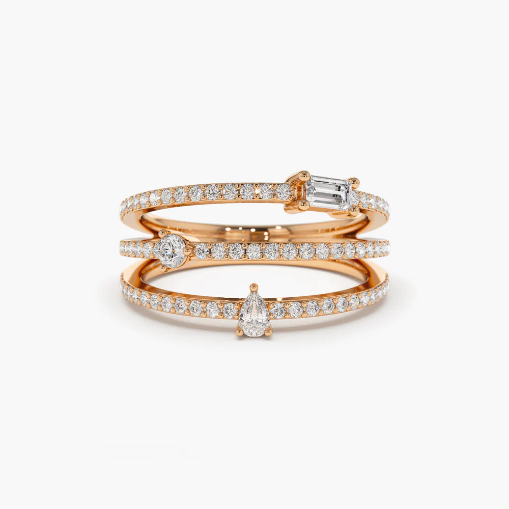 Solid Gold Triple Row Mix Diamond Statement Ring